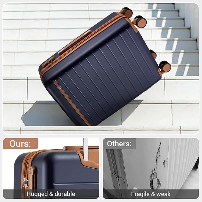 Kono 24 Inch Check In Suitcase Expandable Luggage, Business Travel Suitcase for 5-7 Days, Durable ABS+PC Hardshell with Side Handles & Kick Plates, Double Spinner Silent Wheels, Navy/Brown