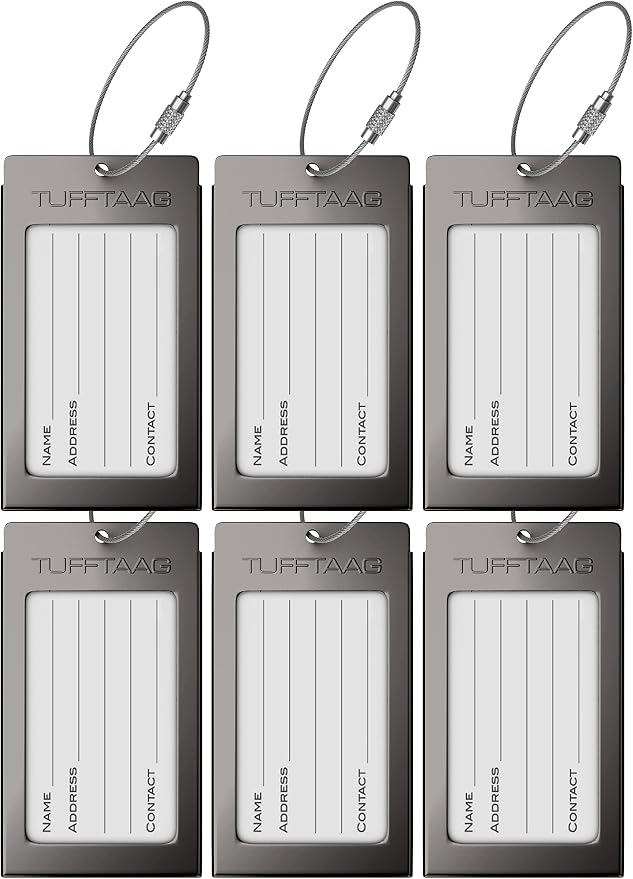 Luggage Tags Business Card Holder by TUFFTAAG - Durable Travel ID Bag Tag, Gunmetal, 6 Tags