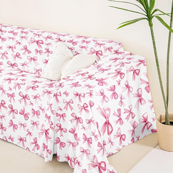 Kawaii Bow Couch Cover for 3 Cushion Couch Pink Bow Tie Sofa Cover for Dogs Cute Ribbon Bowknot Dreamy Princess Style Aesthetic Bowknot Water Resistant Furniture Protector Cover for Pet Cat,71" x 150"