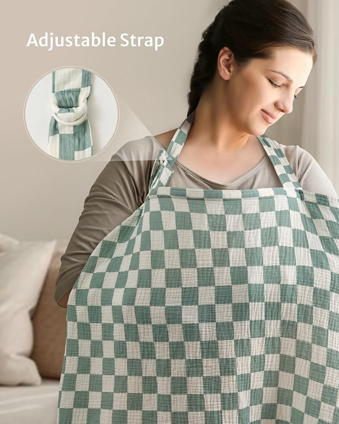 Blissful Diary Muslin Nursing Cover for Breastfeeding, Breathable Breastfeeding Cover up with Arch Neckline for Women, Nursing Apron (Sage Checkboard)