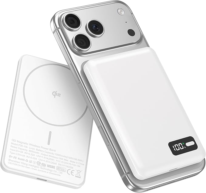 Enyneo Mag.Safe Portable Charger, 10000mAh Battery Pack - Qi2 Certified, 22.5W Fast Charging Wireless Magnetic Power Bank for iPhone 17/ Air/ 16/15/14/13/12 Series, Travel Camping Essential - White