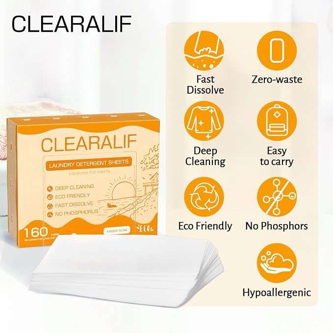 Laundry Detergent Sheets Up to 160 Loads, Amber Dusk - Great For Travel,Apartments, Dorms,CLEARALIF Laundry Detergent Strips Eco Friendly & Hypoallergenic - 80 Sheets