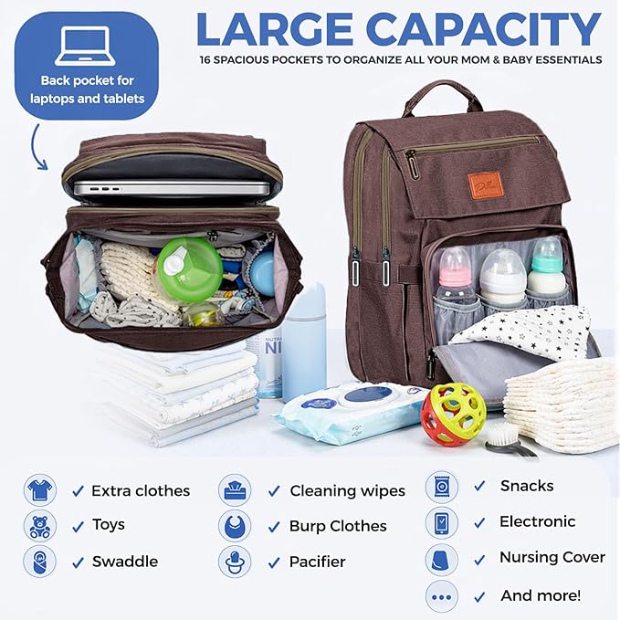 PILLANI Baby Diaper Bag Backpack - Large Bag for Boys & Girls, Waterproof Diaper Backpack - Travel Diaper Bags w/Changing Pad, Baby Registry Search & Shower Gifts - Essentials Must Haves Newborn Stuff