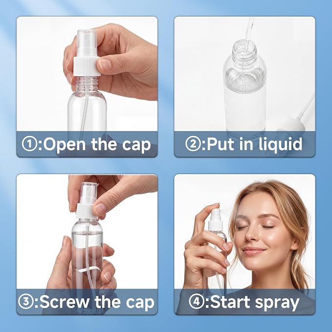 TRENDBOX 4oz Travel Size Spray Bottles, 24 Pack Fine Mist Small Empty Plastic Spray Bottle, Leak Proof BPA-Free Travel Essentials Cosmetic Containers