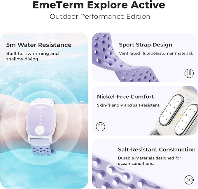 EmeTerm Explore Active FDA-Cleared Anti-Nausea Wristband Nickel-Free 5m Dive Ready Motion Sickness Relief Band Non-drowsy Drug-Free Fluoroelastomer Strap for Salt-Water Resistance (Glacier Purple)