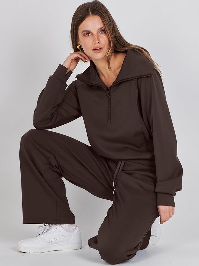 ANRABESS Women’s 2 Piece Outfits Half Zip Sweatshirt & Wide Leg Pants Airport Travel Lounge Matching Sets Sweatsuits Clothing