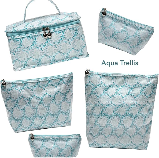 Jacaranda Living Large Cosmetic Bag - Water-Resistant, PVC-Lined - Aqua Trellis