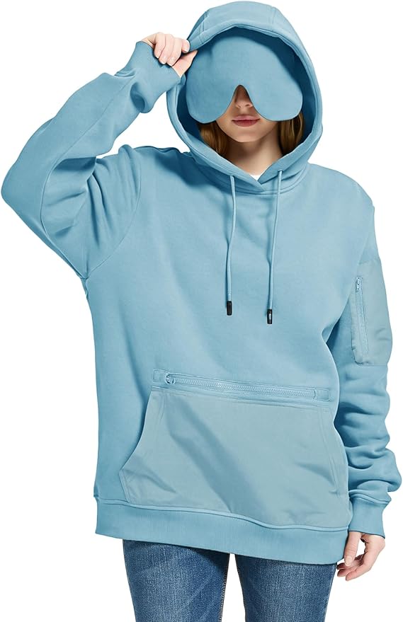 Travel Hoodie with Built-In Eye Mask for Airplane Travel Breathable Comfort Pullover Sweatshirt Multiple Pockets