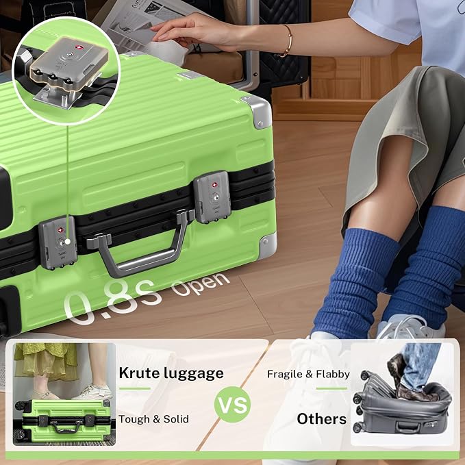 Krute Zipperless Luggage 24 Inch Aluminum Frame Suitcase with Spinner Wheels PC+ABS Hardide Checked Luggage TSA Approved No Zipper Travel Suitcase Green