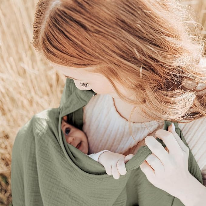 Konssy Muslin Nursing Cover for Baby Breastfeeding, Breathable 100% Cotton Breastfeeding Cover with Rigid Hoop for Mother Nursing Apron, Multi-use Carseat Canopy (Fog Green)