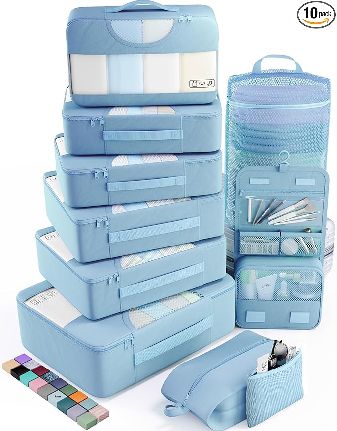 Veken 10 Set Packing Cubes for Travel Essentials, Suitcase Organizer Bags in 4 Sizes, Carry-On Luggage Accessories with Large Laundry Bag & Passport Holder, Must-Have for Airplane, Road Trip & Camping