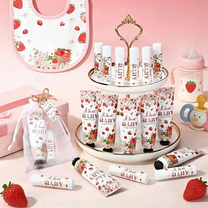 24 Sets Strawberry Baby Shower Hand Cream and Lip Balm Gift Sets Sweet Baby Is on the Way Party Favors for Guest Travel Size Hand Lotion and Lip Balm Bulk Strawberry Shower Party Favor Supplies
