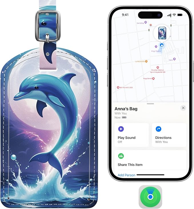 Luggage Tags Built-in Anti-Loss Tracker, Luxury Leather Luggage Tags for Suitcase, Travel Bags, Backpacks, Travel Organizer for Lost Baggage Prevention (Moon Dolphin)