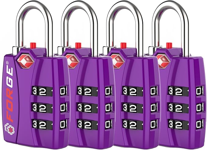 Forge Open Alert TSA Approved Luggage Locks - 3 Digit Combination, Easy Read Dials, Zinc Alloy Body - Ideal Travel Lock for Luggage, Suitcases, Bags & Toolboxes (Purple 4 Locks)