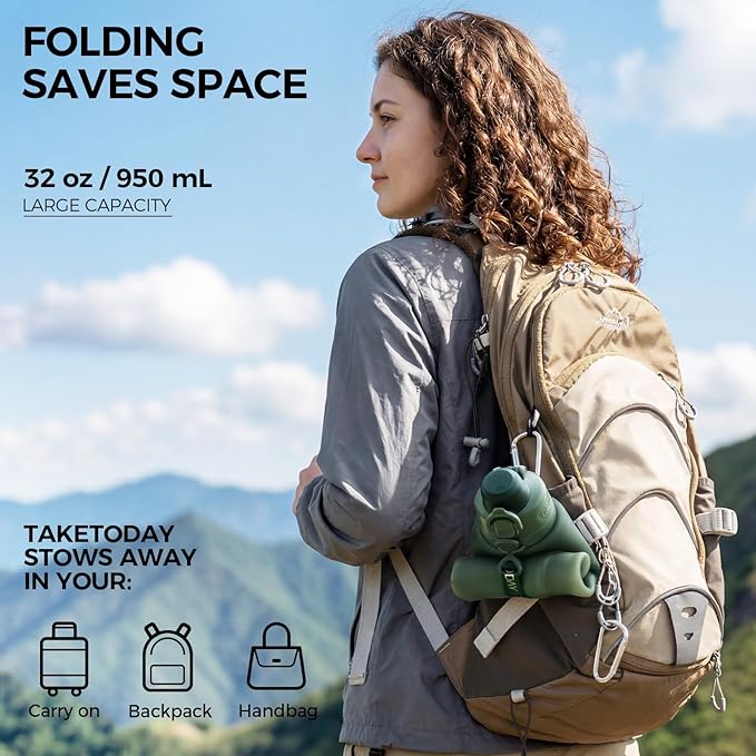 TakeToday Newly Upgraded Collapsible Water Bottles 32oz and 20oz, Compact Foldable Travel Bottle, TSA-Approved Leakproof Silicone Water Bottle for Hiking, Travel, Outdoors