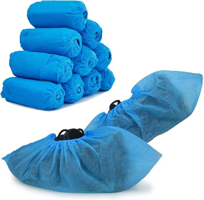 EZGOODZ Disposable Shoe Covers for Indoors and Outdoors 16" x 6.5", Pack of 100 Blue Splash-Proof Shoe Booties Disposable with Elastic Ankles, 50 gsm Polypropylene Disposable Booties to Cover Shoes