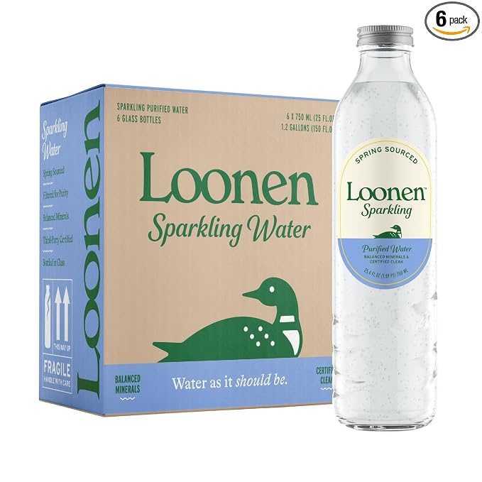 Loonen Spring Sourced Sparkling Water, Glass Bottled High Carbonation, Minerals, Magnesium, Potassium, Calcium, Sodium, PFAS Free, Plastic Free, NSF Certified, American Made, Pack of 6, 750mL