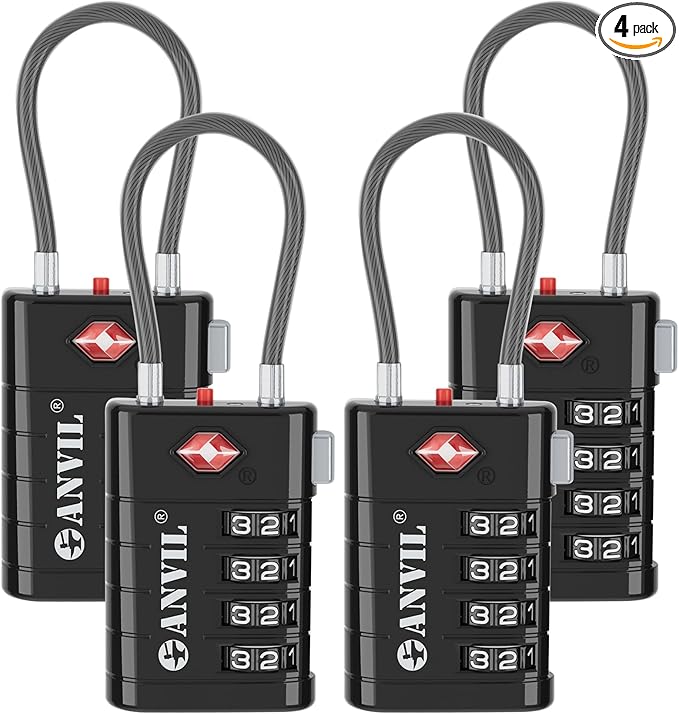 ANVIL TSA Approved Luggage Locks with Search Alert Indicator, 4-Digit Combination Suitcase Lock, Advanced TSA008 Core Heavy Duty Anti-Theft Travel Lock for Double Zippers, Backpacks
