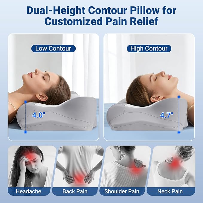 Cervical Pillow for Neck Pain Relief, Ergonomic Contour Memory Foam Neck Support Pillow with Ear Pressure Relief and Dual Height Design