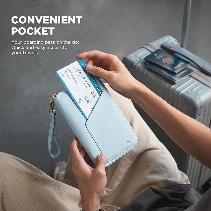 VULKIT Family Passport Holder for 4 Passports - RFID Blocking Travel Wallet Holds Up to 5, Organizer with 4 Slots for Cards & SIM, Secure Zipper Closure, Family Travel Essentials (Light Blue)