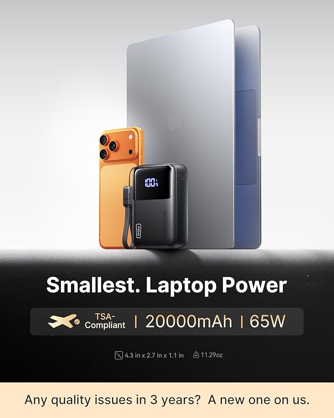 INIU 20000mAh Laptop Power Bank, Ultra Compact 65W PD Dual Fast Charging Portable Charger, Flight-Safe Battery Pack with USB C Cable for Travel, Camping, LongTrip, Businiess, Metallic Coffee