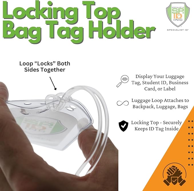 Bulk 100 Pack - Locking TOP - Clear Plastic Luggage Identification Tags with Loops Included - Business Card or Photo Insert Bag Tags - Great for Travel and Student ID’s by Specialist ID