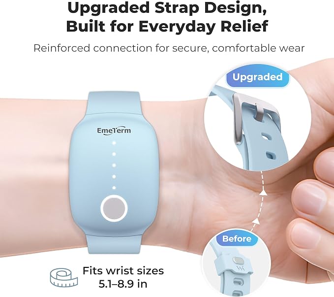 EmeTerm Fashion FDA-Cleared Relieve Nausea Electrode Stimulator Morning Sickness Motion Travel Sickness Vomit Relief Rechargeable No Gel Drug Free Wrist Bands Without Side Effects