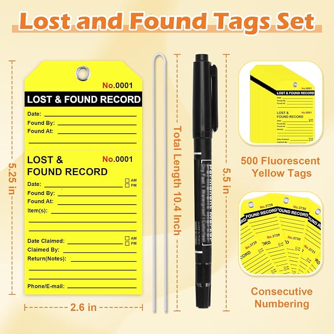 500Pcs Lost and Found Tags with Elastic String Attached &Marker Fluorescent Yellow Paper Lost & Found Record Tags 5 1/4" x 2 5/8" Black Printing Property Tag for Hotel Restaurants Luggage Storage