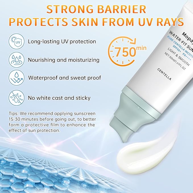 Centella Sunscreen SPF 50, Sunscreen for Face, Water Resistant Strong UV Protection No White Cast, Centella Madagascar Face Sun Screen Oil Free Korean Skincare(Blue 2)