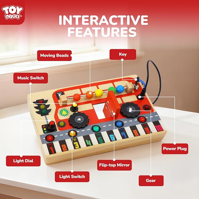 TOY Life Toddler Montessori Busy Board, Wooden Bus Sensory Board Toys with LED Light Up Switchs, Baby Busy Fidget Boards Travel Toys, Easter Birthday Gifts for 1+ Year Old Kids Girls Boys