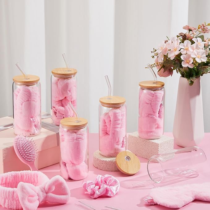 37 Pcs Spa Sleepover Party Supplies for Girls, 6 Set Spa Party Favors, Include Cups, Hairbands, Sleep Eye Mask, Headband, Brush, Tote Bags with Ribbon for Pink Sleepover Birthday Favors