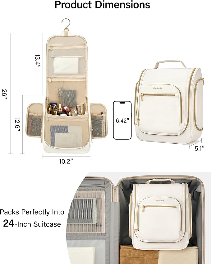 Hanke Hanging Travel Toiletry Bag for Men and Women, Water-Resistant Toiletries Bag Makeup Organizer with Hook, Cosmetic Bag for Bathroom & Travel Essentials Accessories, Off White