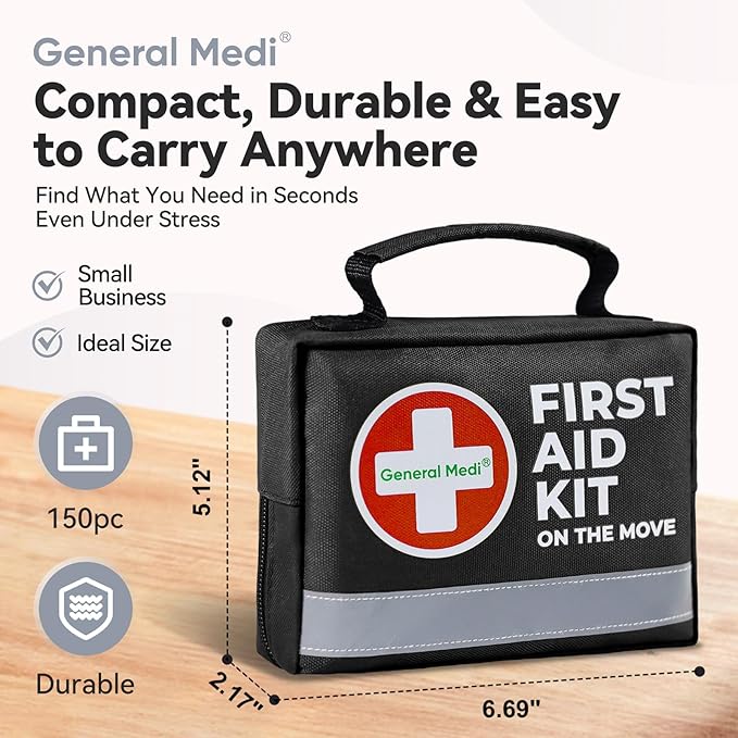 General Medi First Aid Kit - 150 Pieces Small Compact First Aid Kit Bag - Includes Instant Cold Pack, Emergency Blanket for Travel, Home, Office, Vehicle, Camping