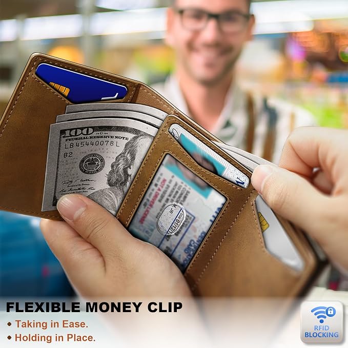 BULLIANT Men Wallet Leather Wallet Card Holders Money Clip for Men 10Cards-Magnetic Flip on Metal Case