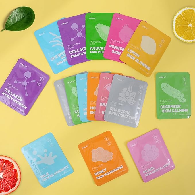 KONEUK 120 Pack Collagen Essence Sheet Face Masks Skincare, Moisturizing & Hydrating Face Mask for Skin Care, Bulk Face Masks for All Skin Types, Spa Party Gifts for Women (12 Types x 10 Pcs)
