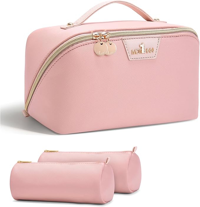 Travel Makeup Bag for Women: 3-in-1 Large Capacity Cosmetics Organizer with 2 Detachable Pouch - Vegan Leather Flat Open Toiletry Bag - Portable Travel Essentials for Full-Sized Bottles(Pink)