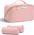 Travel Makeup Bag for Women: 3-in-1 Large Capacity Cosmetics Organizer with 2 Detachable Pouch - Vegan Leather Flat Open Toiletry Bag - Portable Travel Essentials for Full-Sized Bottles(Pink)