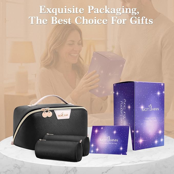 Travel Makeup Bag for Women: 3-in-1 Large Capacity Cosmetics Organizer with 2 Detachable Pouch - Vegan Leather Flat Open Toiletry Bag - Portable Travel Essentials for Full-Sized Bottles-Black