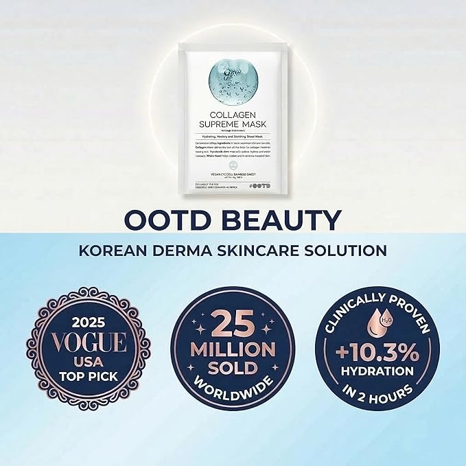 #OOTD Collagen Hydrating Sheet Masks for Face Korean Anti Aging Mask Sheet for Dry Skin & Sensitive Skin, EVE Vegan, Not Tested on Animals, No Parabens, No Sulfates, Hyaluronic Acid, Witch Hazel 10EA