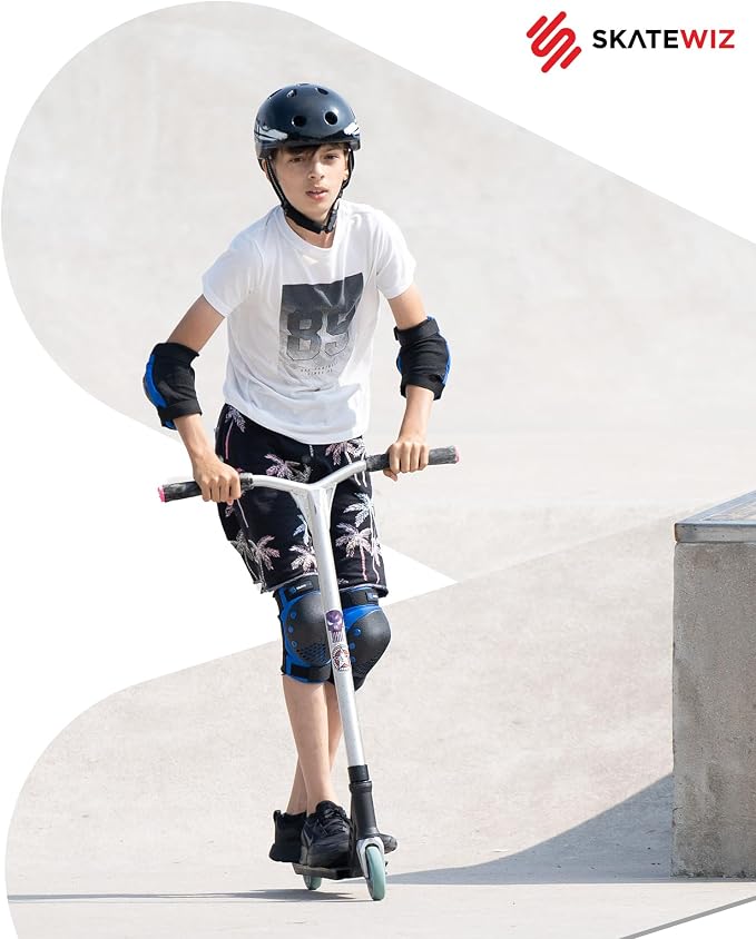 SKATEWIZ Skateboard Pads Protective Gear Set for Kids and Adults - Smash - Roller Skate Pads [6pc] with Wrist Guards - Skating Protective Gear - Roller Derby