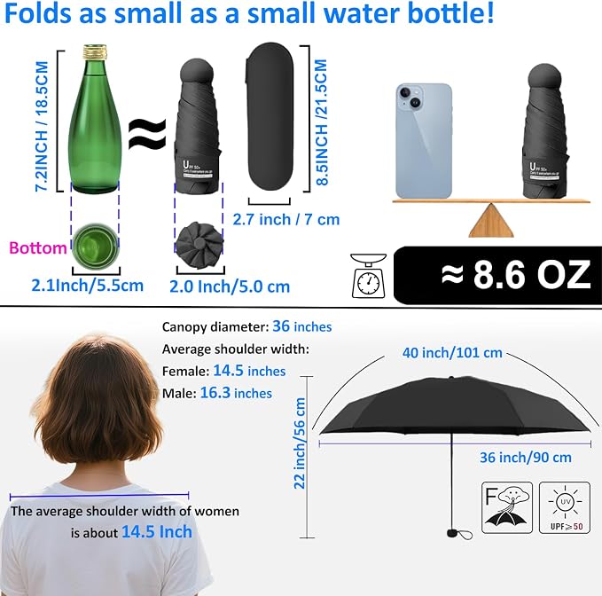 BAODINI Travel Essentials Mini Umbrella for Purse With Case Small Compact UV Sun Protection Lightweight Tiny Pocket Manual Open Close Umbrella for Women Kids and Men Fits Purse Backpack