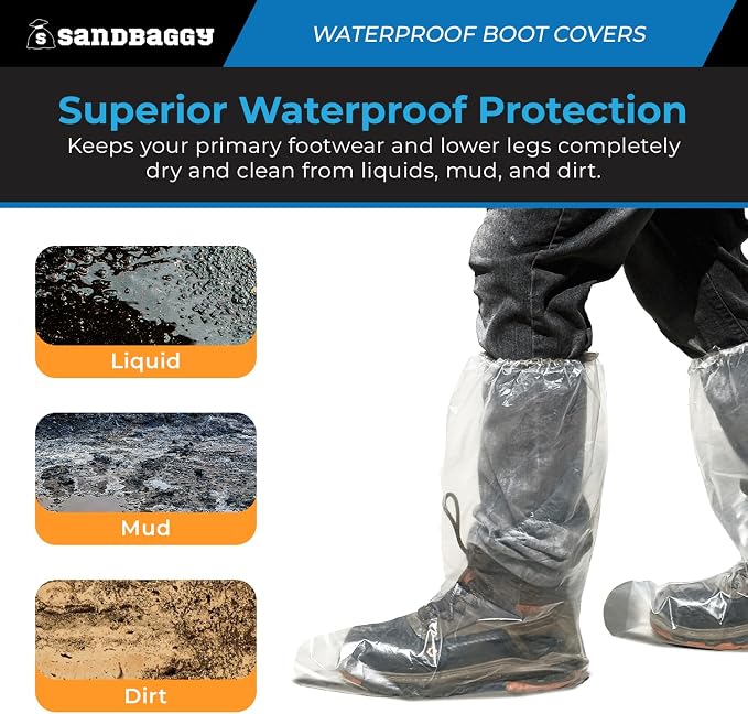 Sandbaggy Waterproof Boot/Shoe Covers - 19" Tall, 3 Mil Disposable - Transparent/Clear (20)