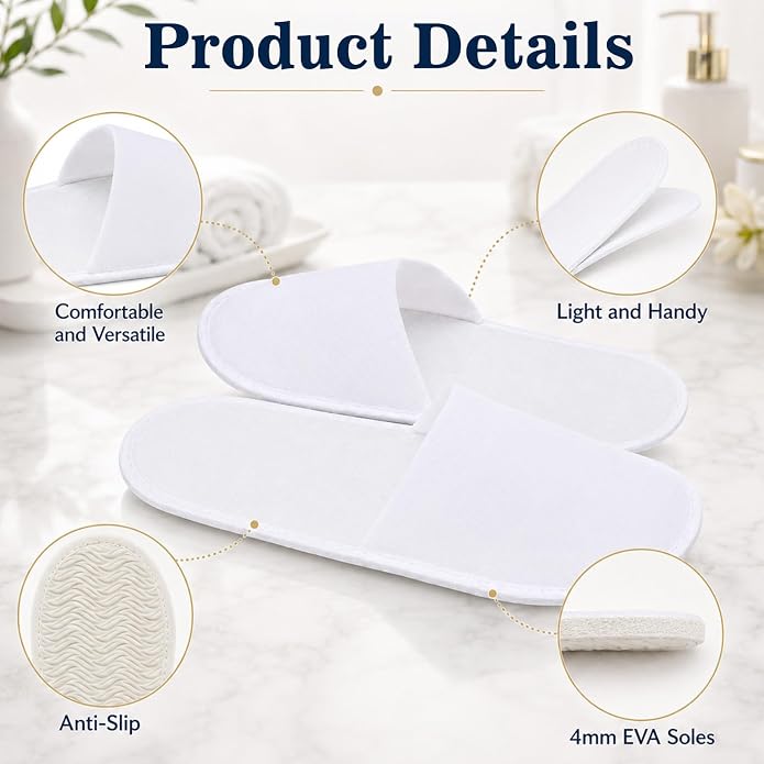 50 Pairs Disposable Slippers for Guests Bulk with Folding Storage Box, 11 Inch White Non-Slip Hotel Slippers, Individually Wrapped House Slippers for Men Women Travel, Spa, Home, Wedding
