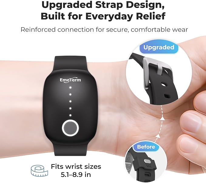 EmeTerm Fashion FDA Cleared Relieve Nausea Electrode Stimulator Morning Sickness Motion Travel Sickness Vomit Relief Rechargeable No Gel Drug Free Wrist Bands Without Side Effects