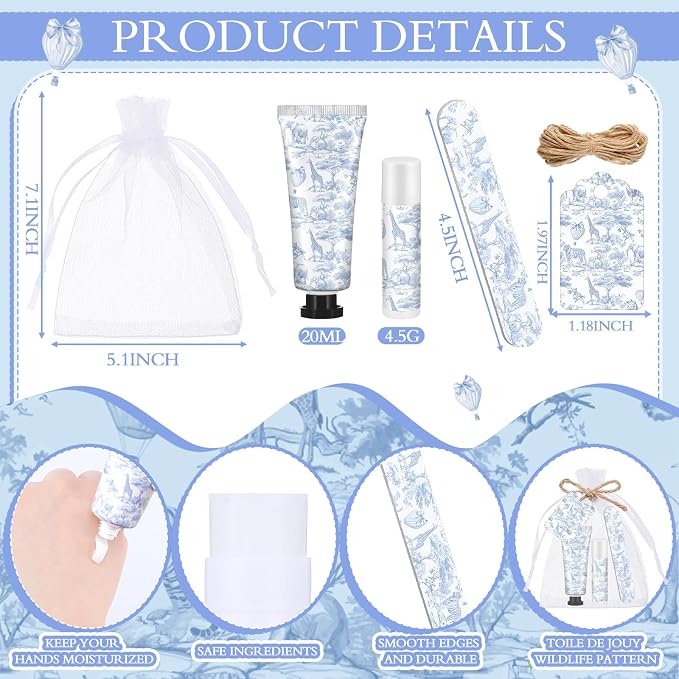 Leelosp 24 Sets Toile De Jouy Baby Shower Hand Cream and Lip Balm Gift Bulk Blue Safari Animal Travel Size Hand Lotion Lip Balm Nail File Gifts Set Baby Bridal Shower Party Supplies for Guests