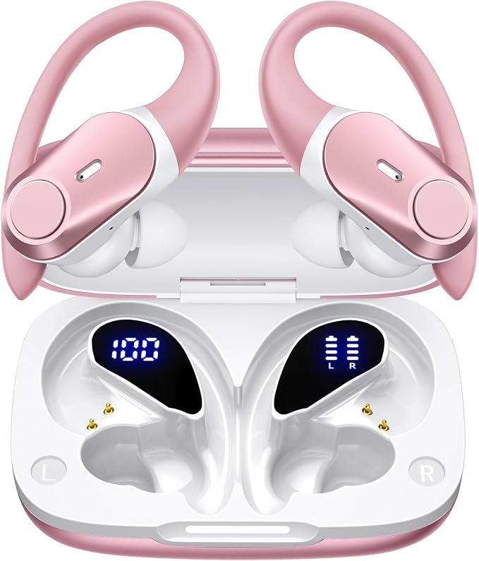 Active Noise Cancelling Ear Buds Wireless Earbuds 80H Playtime Bluetooth Headphones with LED Display Case, Hi-Res Audio Clear Calls Earphones with Over Ear Hooks for Running Gym Workout Rose Gold