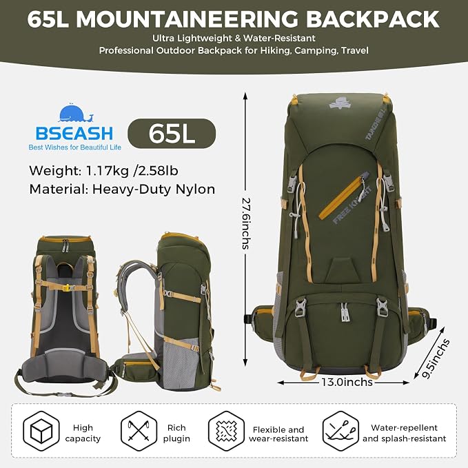 Bseash 65L Waterproof Hiking Camping Backpack with Rain Cover, Outdoor Sport Travel Daypack for Climbing Touring (Army Green)