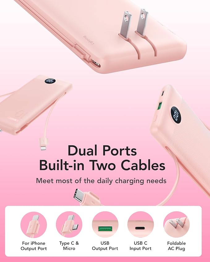 VRURC Portable Charger Power Bank - 10000mAh Fast Charging 22.5W PD 20W Portable Charger with Built in Cables, Portable Charger with Cords External Charger Travel Accessories-Pink