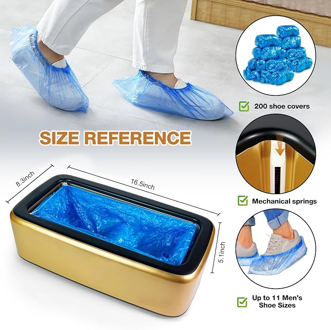 Shoe Cover Dispenser Containing 200pcs Shoe Covers Disposable Non Slip High Quality Automatic Shoe Cover Machine with Disposable Shoe Covers for Indoors for Most Occasion Shoes Size(Gold-black, L)