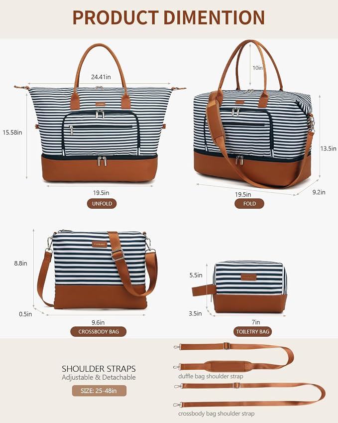 Weekender Bags for Women Travel, Under Seat Carry On Bags for Airplanes Overnight Bag with Shoe Compartment Luggage Sleeve, Foldie Travel Tote Bag Hospital Bag, Travel Gifts, Blue Strip